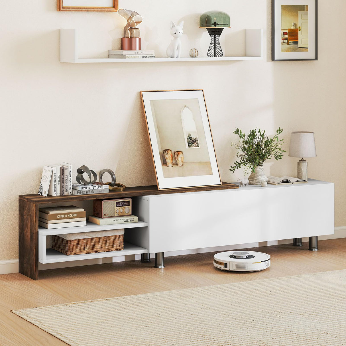 Tangkula White TV Stand with 2 Wall Shelves, Modern Entertainment Center for TVs up to 80 Inches, TV Cabinet with 2 Storage Compartments and Cabinet, Media Console Table for Living Room, Study (White) Tangkula