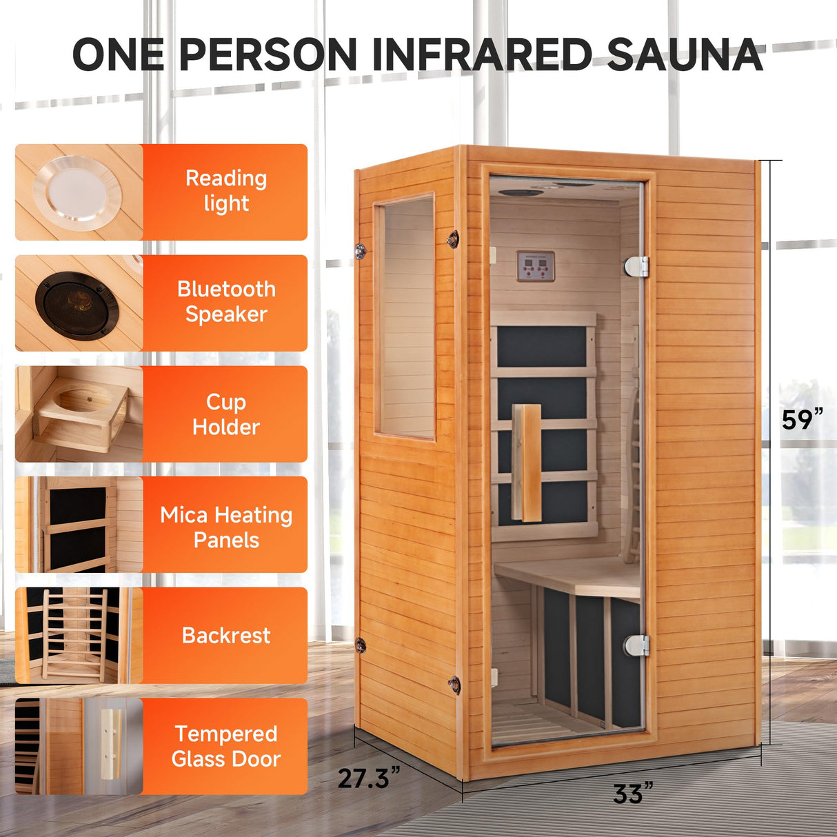 Real Relax Far Infrared Sauna Room 1 Person, Compact Hemlock Wooden Indoor Home Sauna Room with 950W 6pcs Low EMF Heating Plates Real Relax