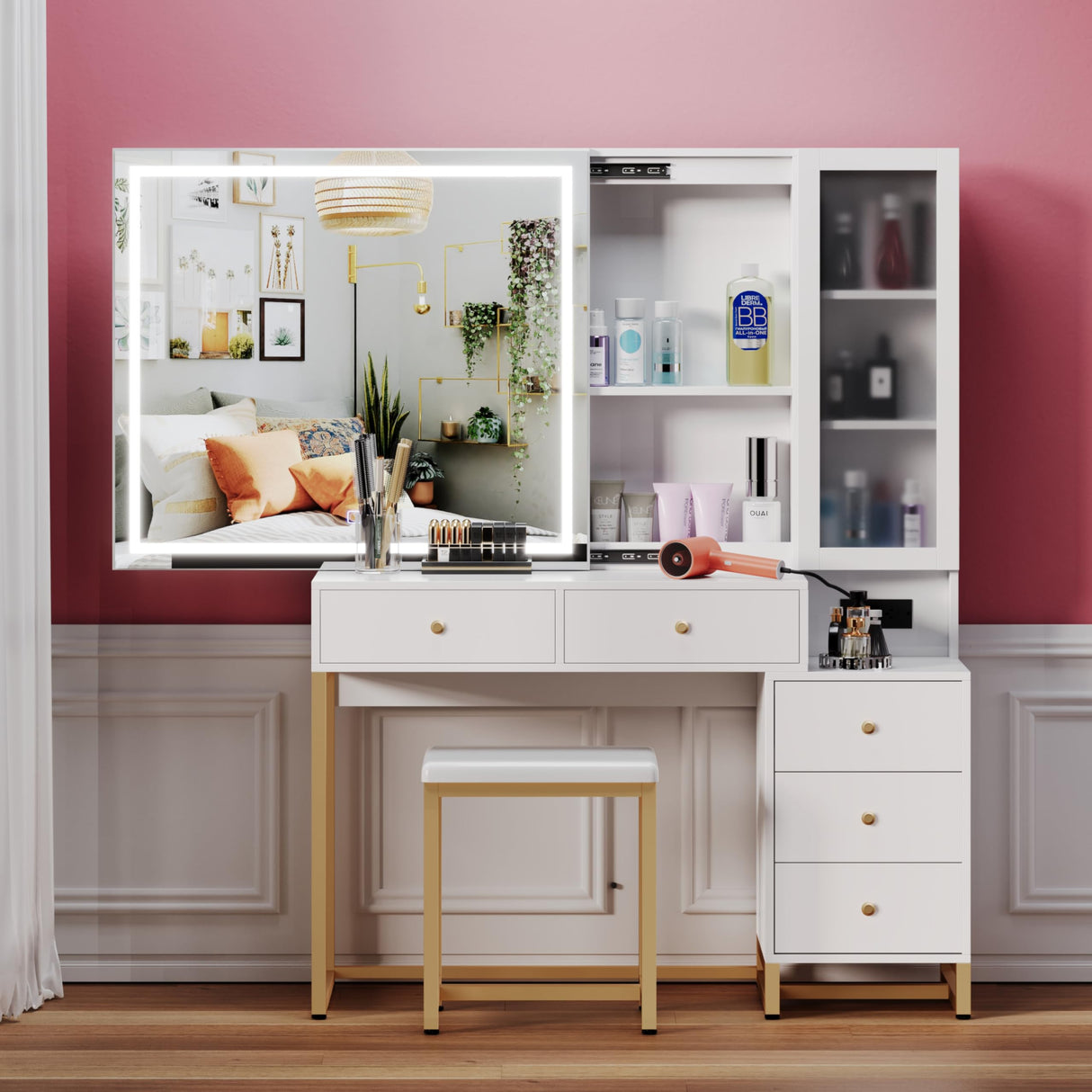 Jartoil Vanity Desk with Lighted Mirror and Charging Station, Extra Large Mirror Vanity Dresser with Storage Shelves, Modern Vanity Set with Nightstand, Cushioned Stool (White-1) Jartoil