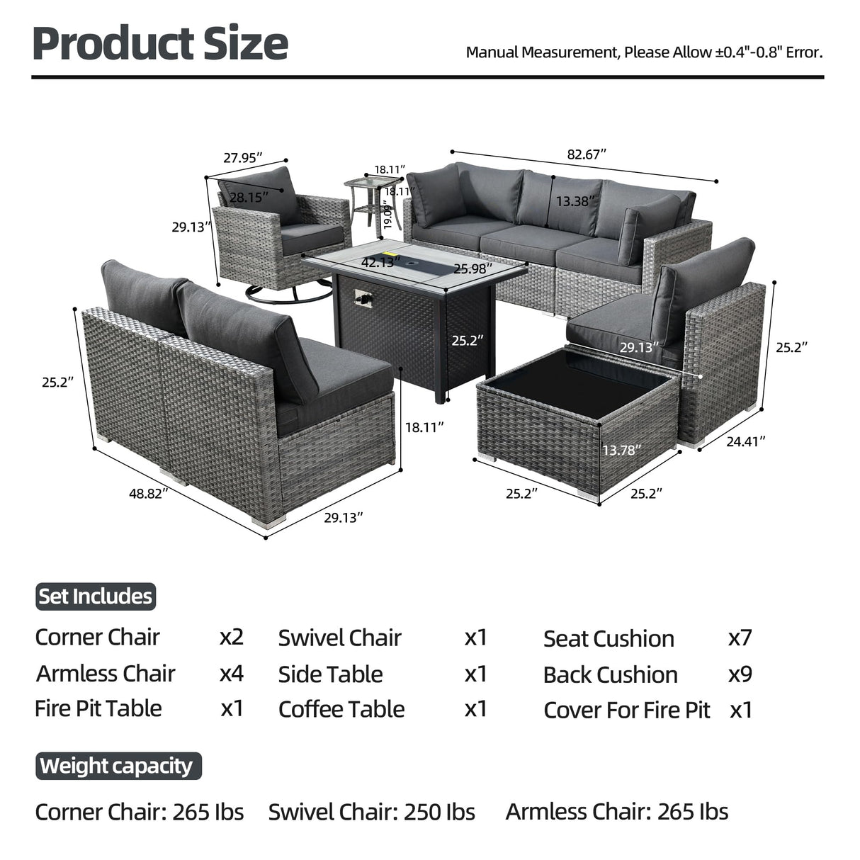 HOOOWOOO 10 Piece Patio Sectional Furniture Set with Fire Pit Table,Modern Wicker Outdoor Conversation Sofa Sets,Weather Resistant Modular L Shaped Outside Couch Swivel Chair Set(Black) HOOOWOOO