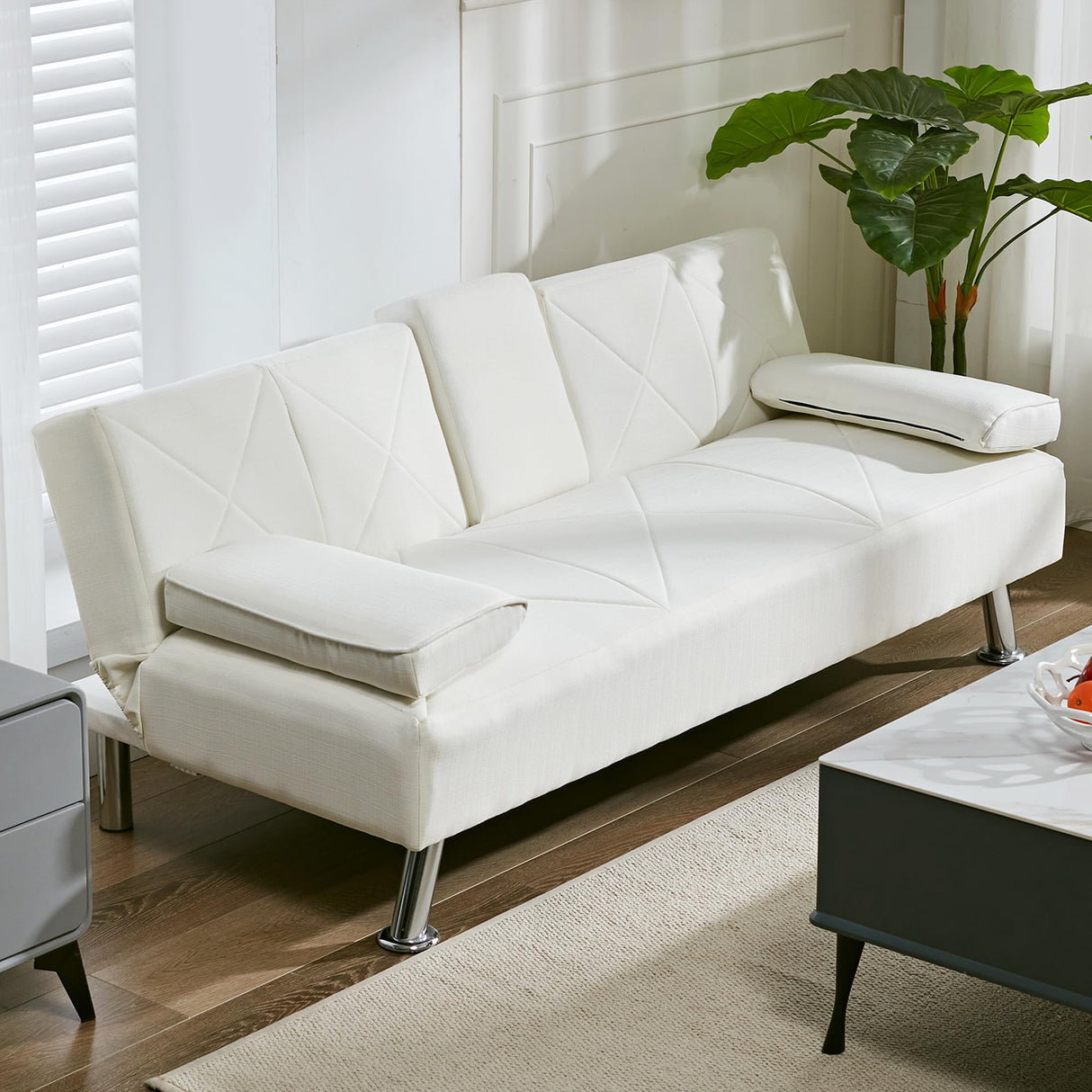 VECELO Modern Convertible Folding Futon Sofa Bed with Removable Armrests Breathable Linen Recliner Couch for Living Room/Apartment Lounge, 2 Cup Holders, White VECELO