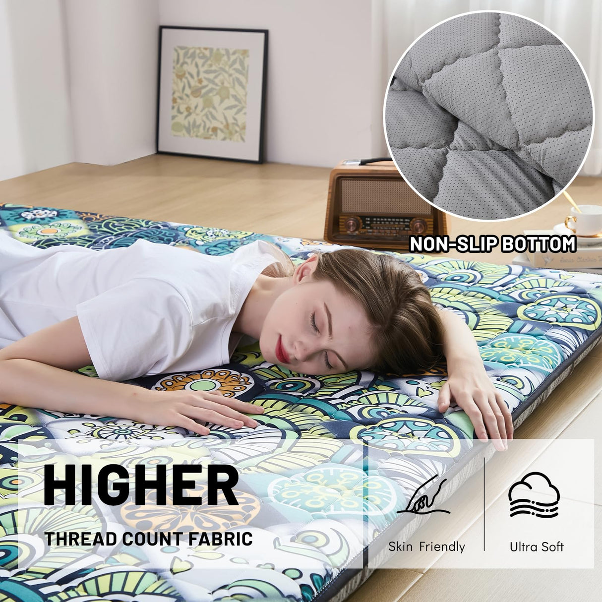 Zelladorra Japanese Floor Mattress Futon Mattress Twin, Anti Slip Floor Futon Mattress Sleeping Mat Foldable Floor Mattress for Camping and Guest, Boho Green Checkered Zelladorra