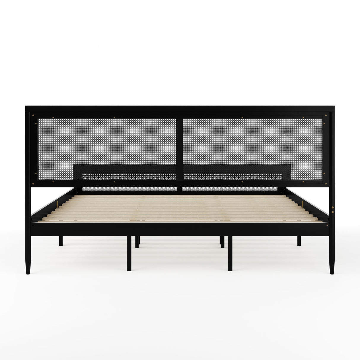 Martha Stewart Jax Platform Bed with Rattan Headboard and Footboard, Solid Wood Frame, Wooden Support Slats, No Box Spring Needed, King Size, Black Martha Stewart