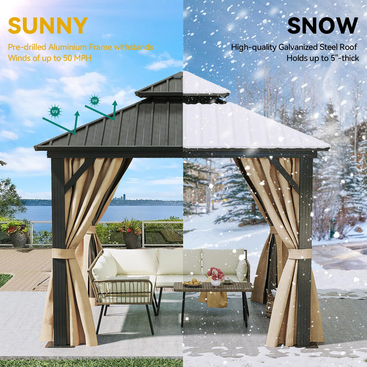 DWVO 10x10ft Hardtop Gazebo Double Roof with Nettings and Curtains, Heavy Duty Galvanized Steel Outdoor Vertical Stripes Roof for Patio, Backyard, Deck, Lawns, Brown DWVO