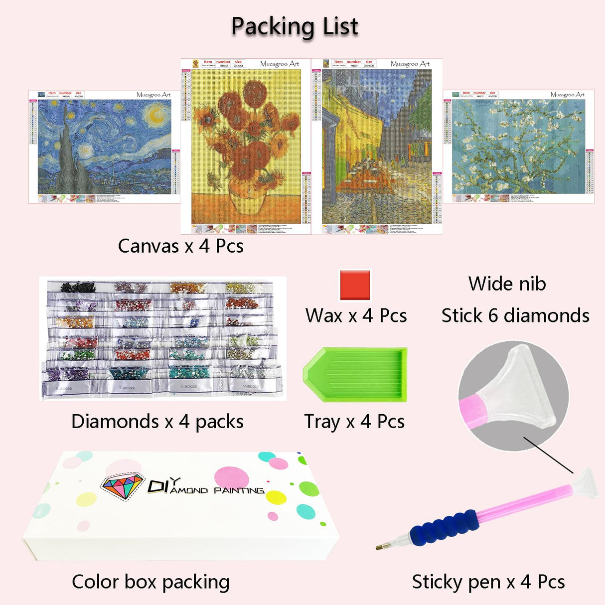 Muzagroo Art Van Gogh Diamond Painting Kits for Adults, DIY 5D Diamond Art Kits for Beginners, Starry Night Arts and Sunflower Crafts Diamond Art for Living Room, Kids Room 4 PCS Wall Art Muzagroo Art