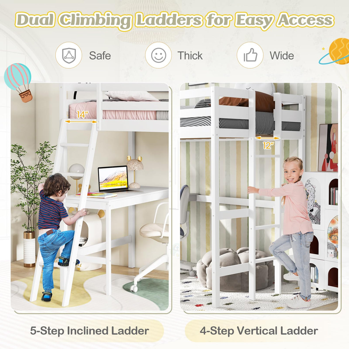 KOMFOTT Solid Wood Twin Loft Bed with Integrated Study Desk and Dual Ladders - Space-Saving Design for Teens and Adults (White) KOMFOTT