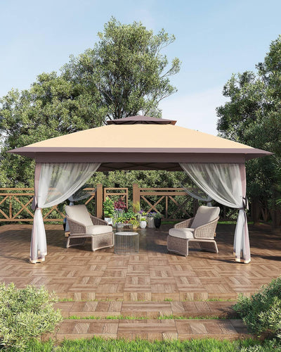 Garveelife Canopy Tent 13x13, Pop Up Gazebo Tent Easy Setupwith 4 Sand Bags for Backyard Garden Patio,Mosquito Netting & Height Adjustable - Khaki