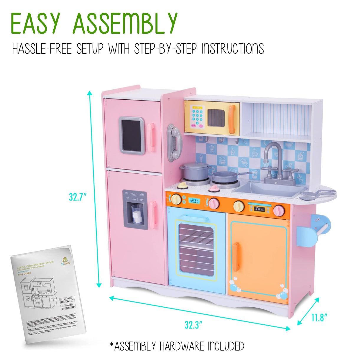 Lil' Jumbl Kids Kitchen Set, Pretend Wooden Play Kitchen with Chalk Board, Play Phone, Towel Rack & Ice Dispenser, Clicking Knobs, Pots & Utensils Included - Colorful Lil' Jumbl