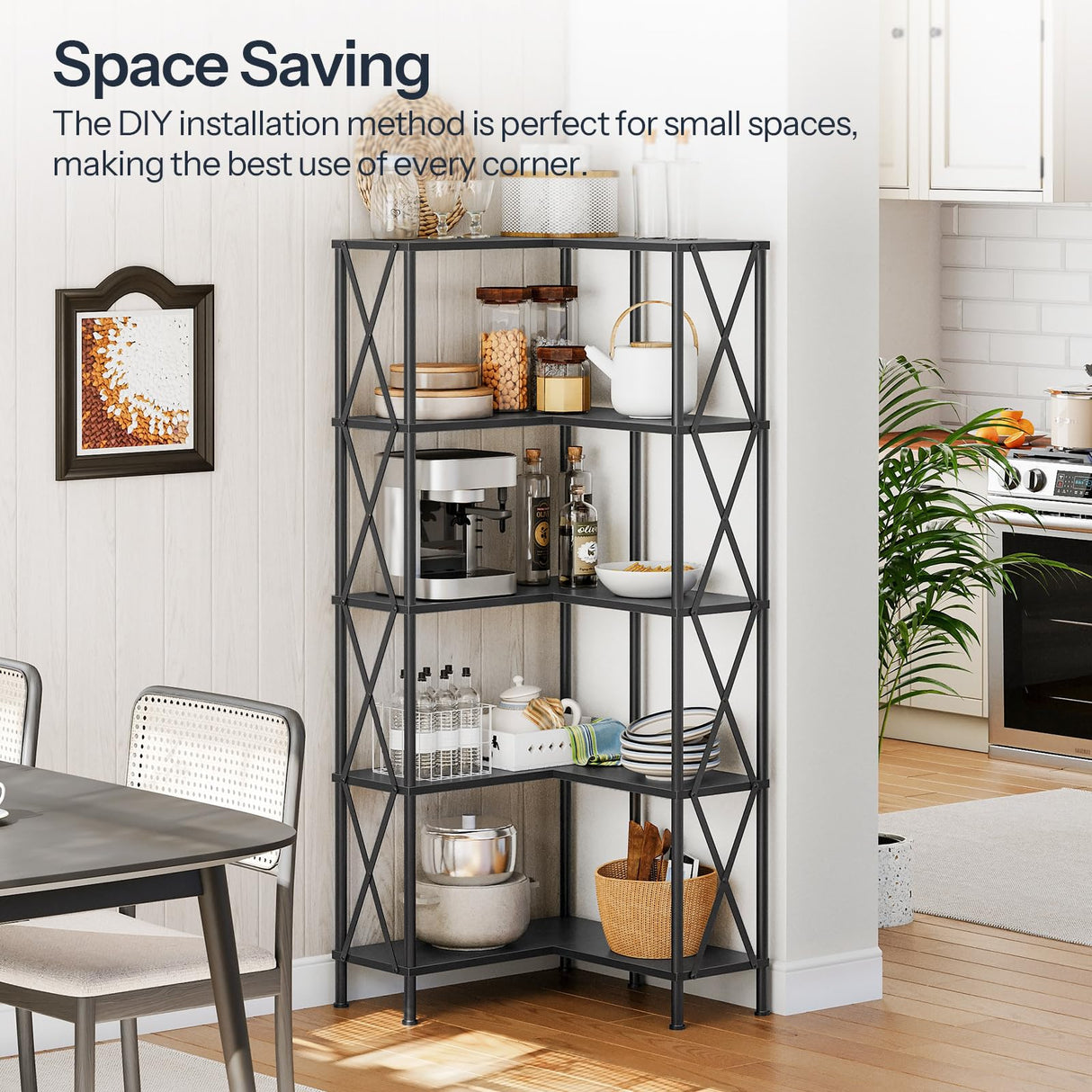 HOOBRO Corner Bookshelf, 5-Tier L-Shaped Bookcase, Industrial Open Display Shelf Tall Storage Organizer, Vertical Storage Rack, for Living Room, Home Office, Black BB60SJ01 HOOBRO