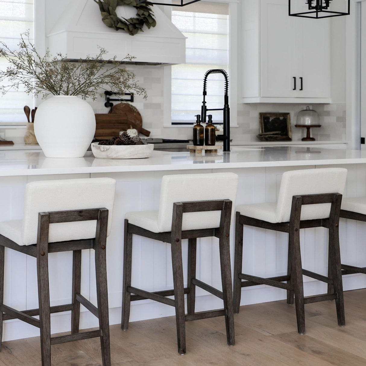 Nathan James Gracie Modern Counter Height Bar Stool with Back, Counter Stool Upholstered Chair with Natural Textured Linen and Brushed Wooden Legs, Cream Boucle/Dark Brown Nathan James