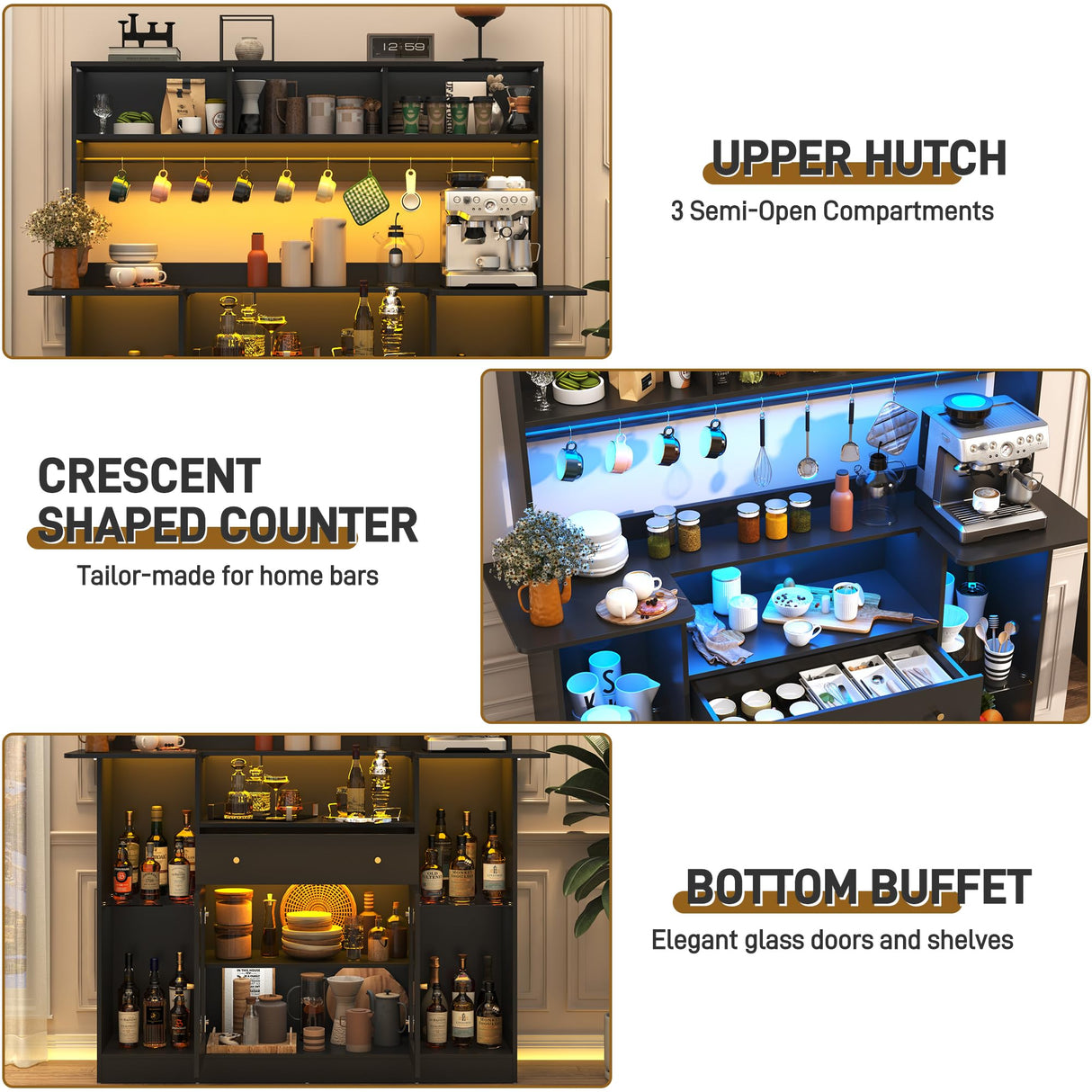 Black Coffee Bar Cabinet with Hutch & LED Lights, 70" Tall Buffet Buffet Cabinet with Storage,Modern Kitchen Sideboard Glass Doors Tall Coffee Hutch with Microwave Stand Glass Shelf Dining Room chartustriable