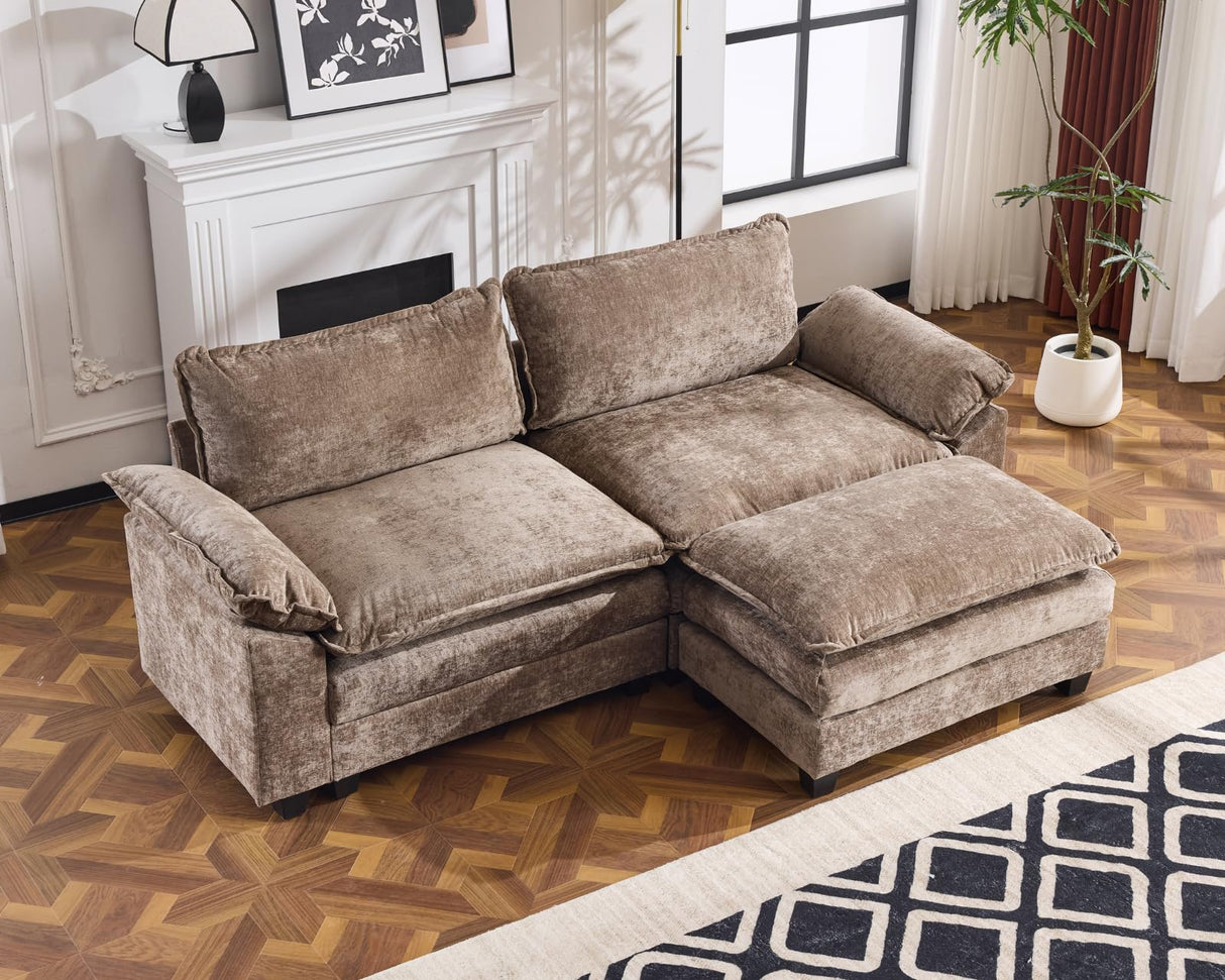 Karl home 87" Sectional Couch 2-Seat Deep Sofa Couch with Ottoman Modern L Shape Sectional Sofa Chenille Upholstered for Living Room, Apartment, Studio, Office, Light Brown Karl home