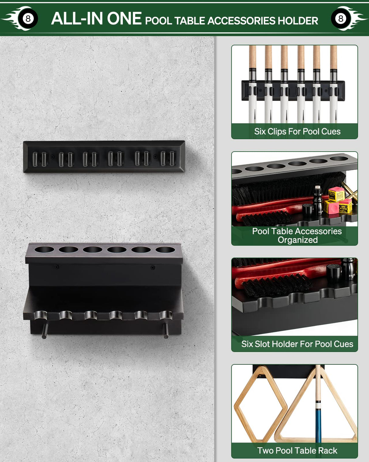 EXTCCT Wall Mount Pool Stick Holder - Billiards Pool Cue Rack Hardwood Pool Cue Set Holder for 6 Cues Sticks Storage Pool Table Accessories Equipment Organizer EXTCCT