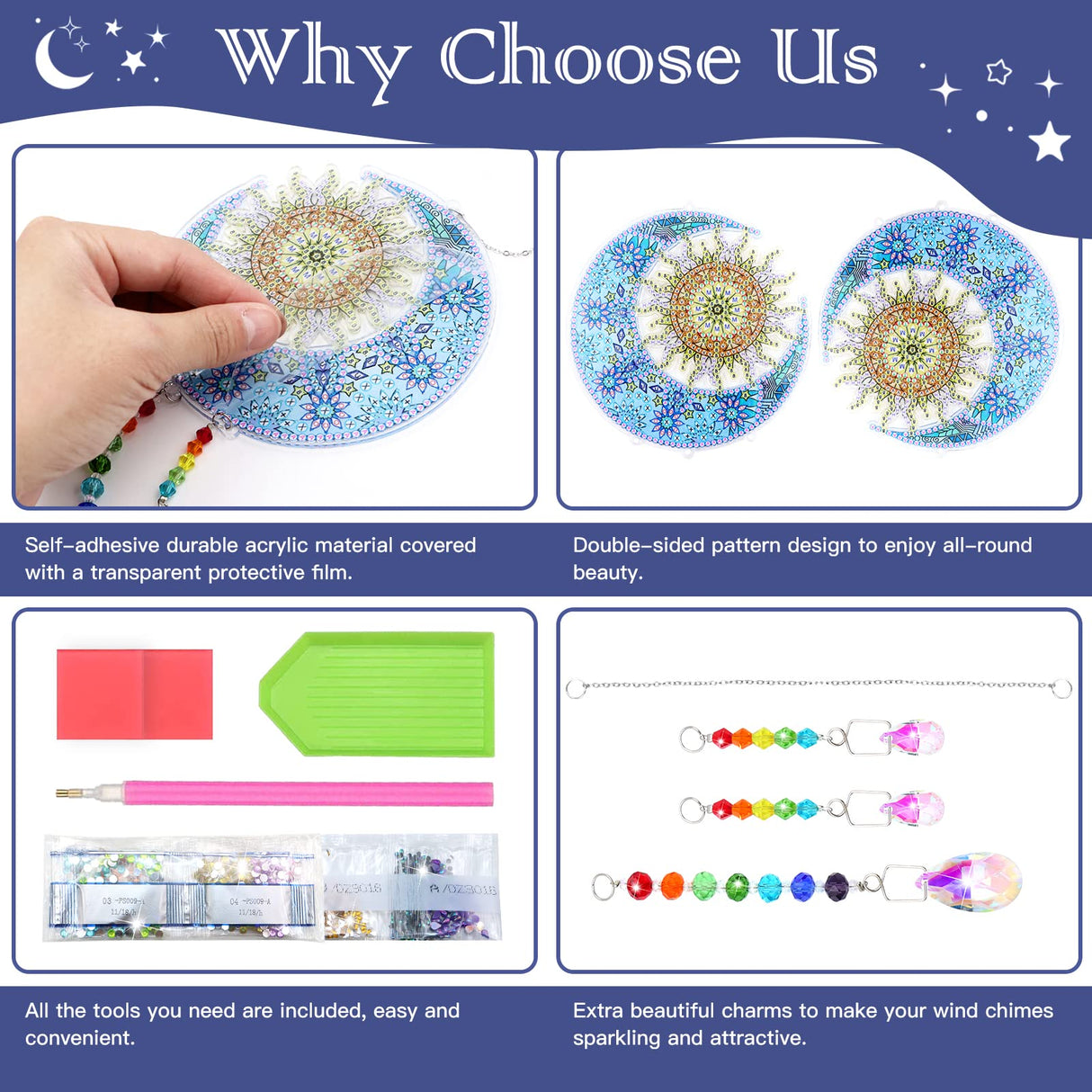 ZYNERY 2 PCS Diamond Painting Wind Chime, Suncatcher Kit Diamond Art for Adults Kids, Painting Kits Hanging Pendant for Home Garden Outdoor Decor (Moon Wolf, Moon Sun) ZYNERY