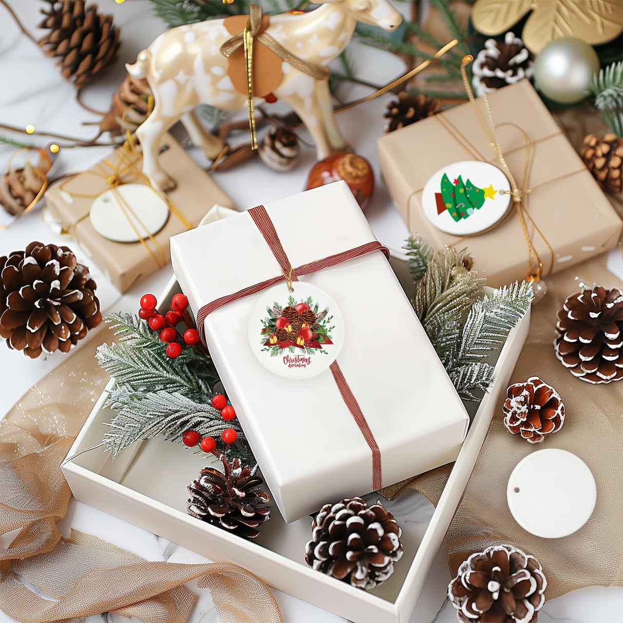 50 PCS Sublimation Ceramic Ornament Bulk Round Blank Ornament with Gold String for Crafting DIY Personalized Christmas Home Decor, White 2.8 Inch YOUKE OLA