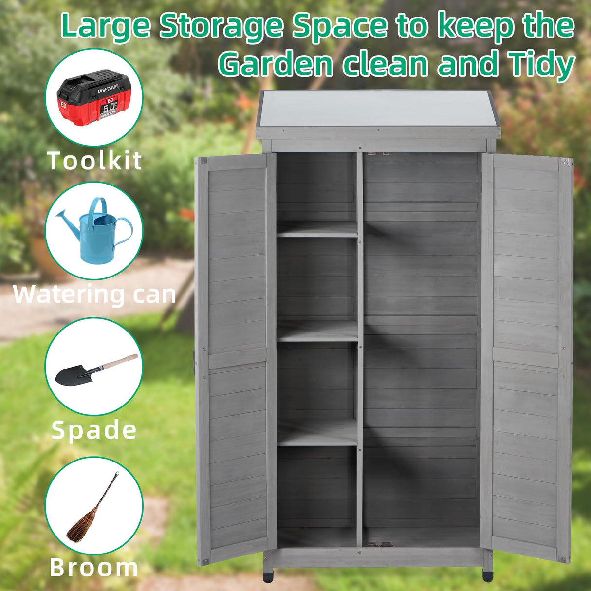GM Ultra 68 Inches Outdoor Storage Cabinet and Metal Top,Garden Shed,Outdoor Wood Tall Shed for Yard Patioļ¼Outdoor Wooden with Top Vertical Tool Backyard Garden Patio Lawn (Gray) GM Ultra