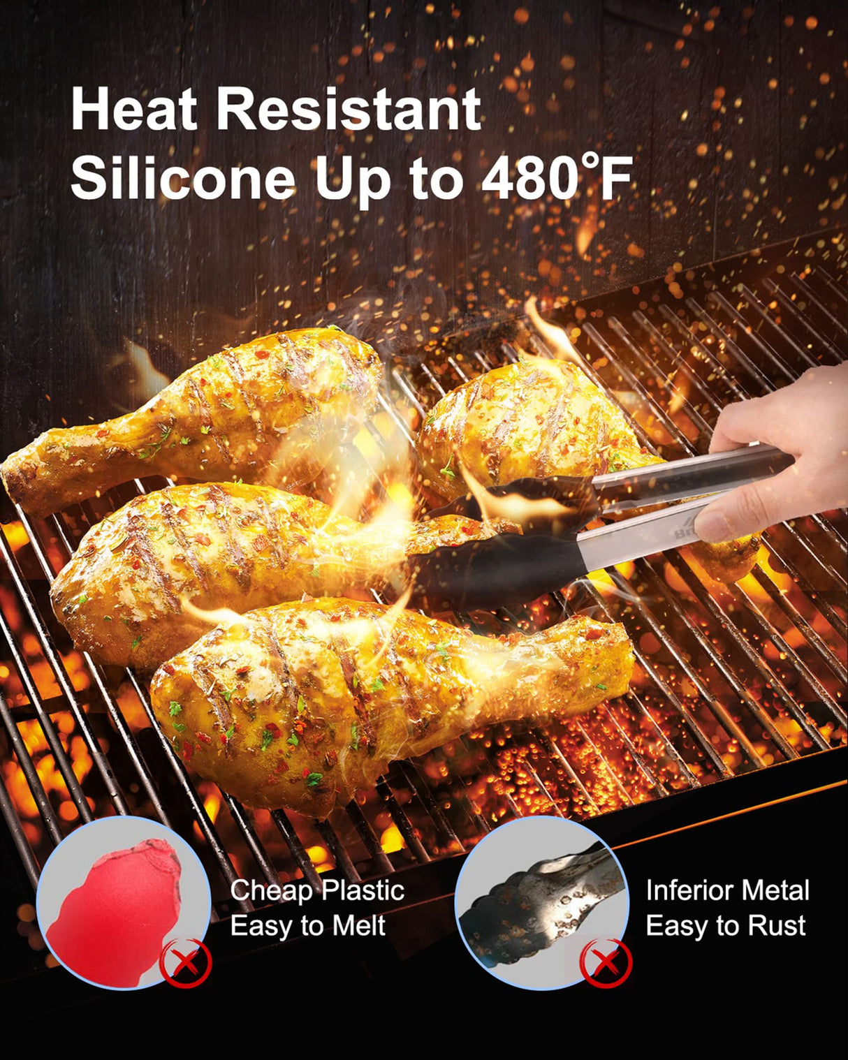 Bnlcd Kitchen Tongs, Premium Stainless Steel Locking Cooking Tongs with Silicone Tips, Non-Slip Food Tongs for Cooking, Heavy Duty, Non-Stick, 480℉, Set of 3-7" 9" and 12" Black Bnlcd