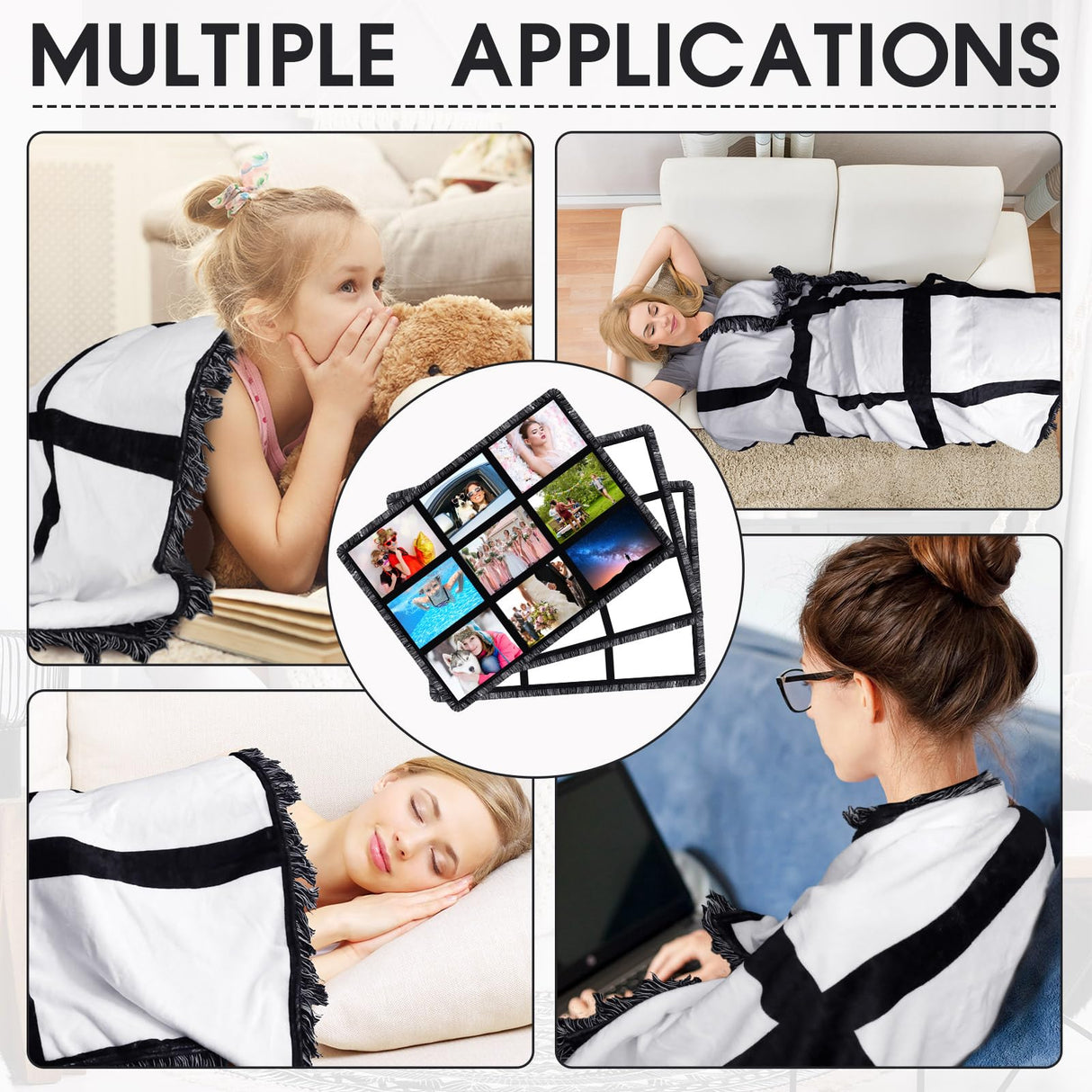 Kinlop 3 Pcs 40 x 60 Inch Sublimation Blanks Throw Blanket with Printable Sublimation Blankets for Heat Press with Tassel Fuzzy Picture Photo Blanket for DIY Sofa Couch Bed Home(9 Panel) Kinlop