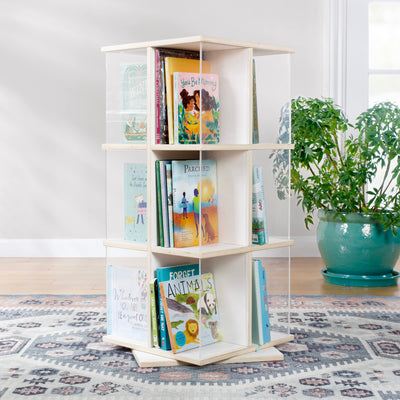 Guidecraft EdQ Rotating Book Display - White: Spinning Plywood Storage Bookshelf with Acrylic Windows for Kids Classroom, Playroom, or Bedroom