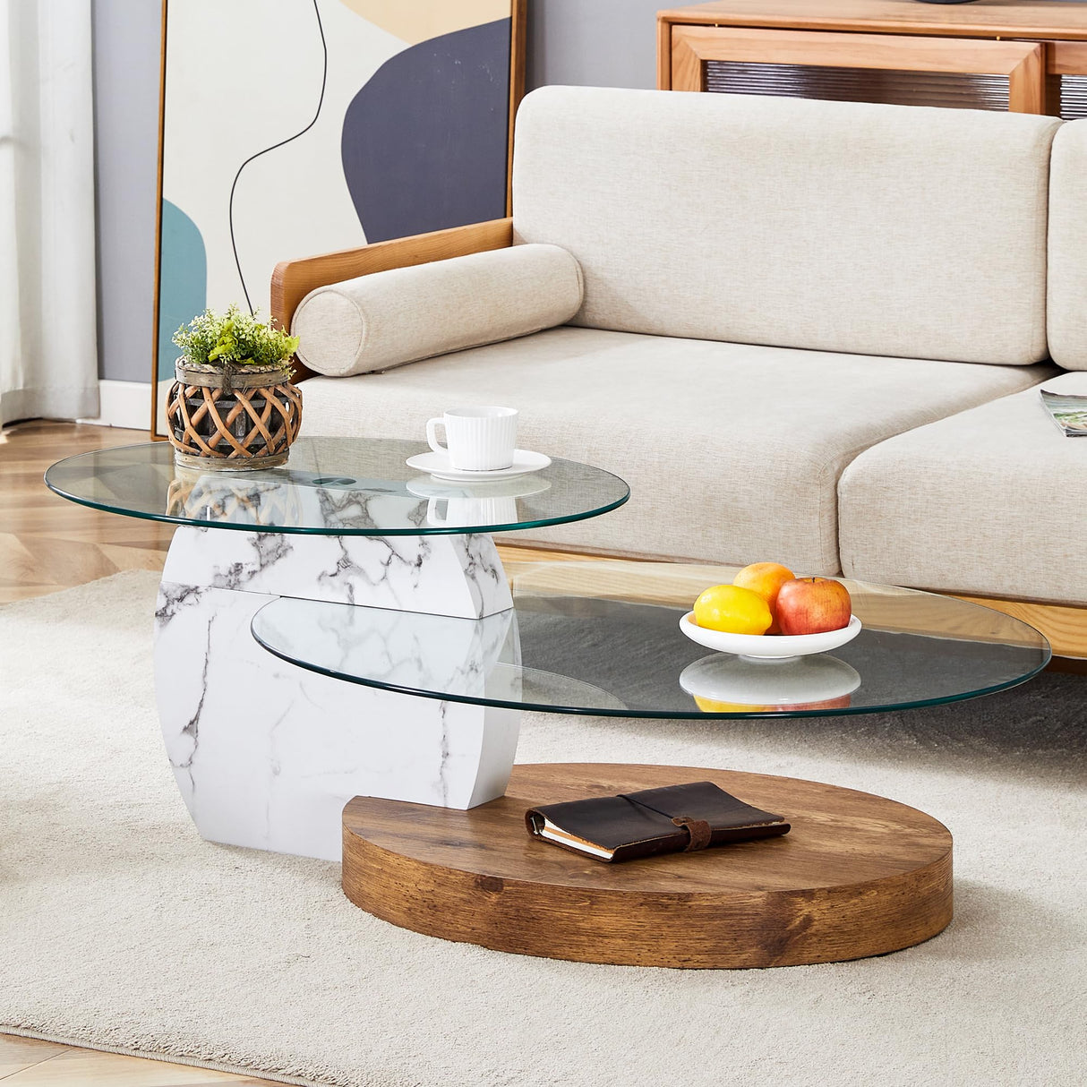 Ebullient Glass Coffee Table, 47" Oval Coffee Table, 2-Tier Glass Tabletop with Wood Base, Easy to Maintain and Assemble, Ideal for Dining Room, Living Room Ebullient