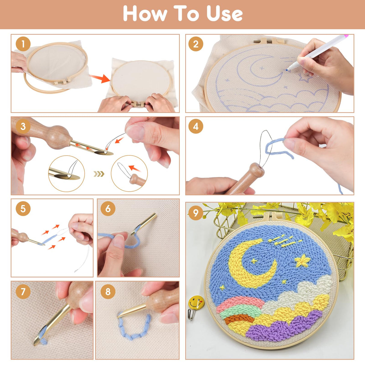 MSDADA 21PC Punch Needle Embroidery Kit - Adjustable Tool, Wooden Handle Pen, Hoops, Cloth, Big Eye Needles, Threaders (Pink) MSDADA