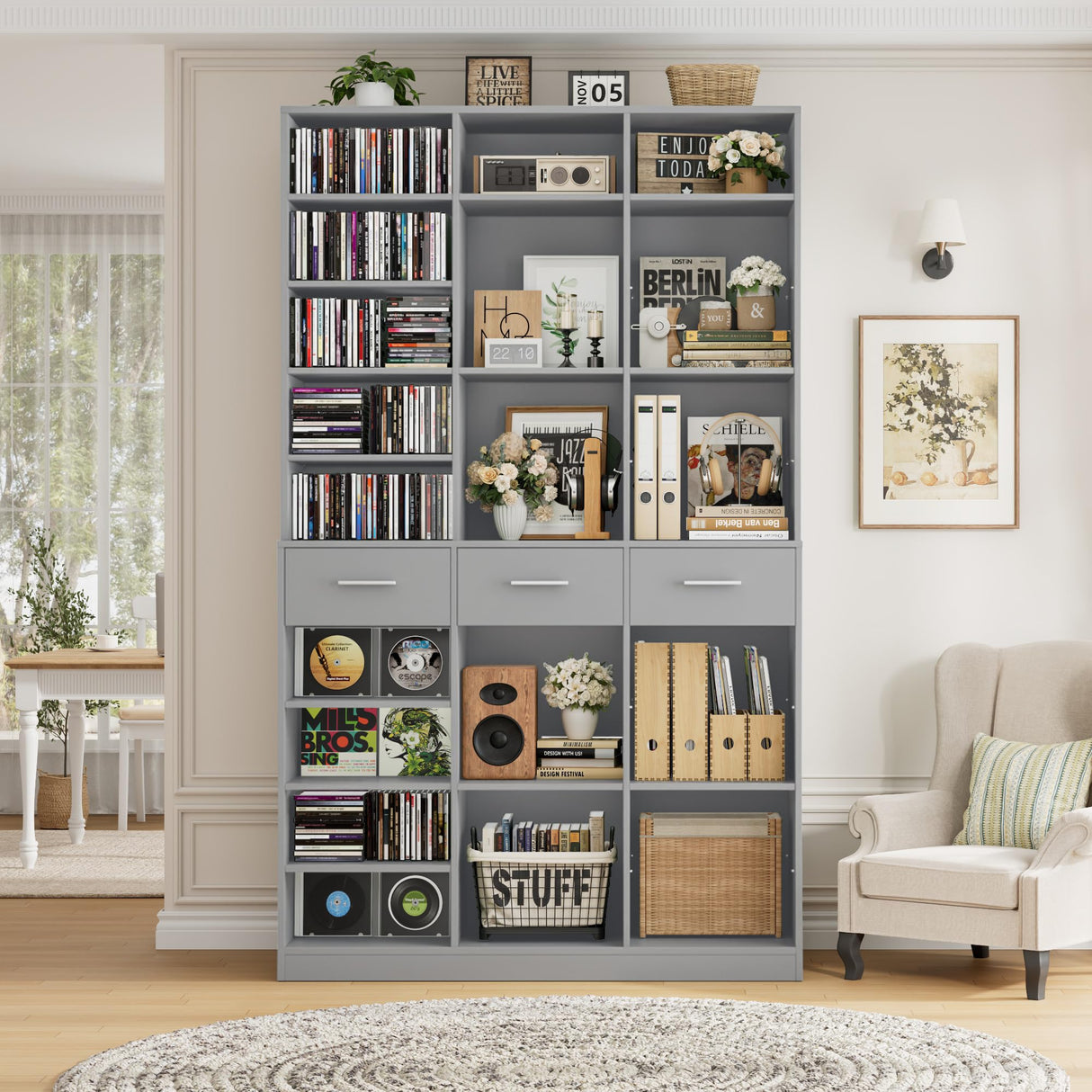 HOSTACK 75" Tall Book Shelf and Bookcase, 47" Wide Bookshelf with Drawers, Modern 9 Tier Bookcase with Storage, Large Wood Display Cabinet with Adjustable Shelves for Living Room, Home Office, Gray HOSTACK