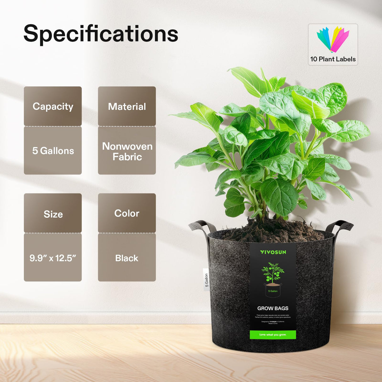 VIVOSUN 5-Pack 5 Gallon Grow Bags Heavy Duty 300G Thickened Nonwoven Plant Fabric Pots with Handles VIVOSUN