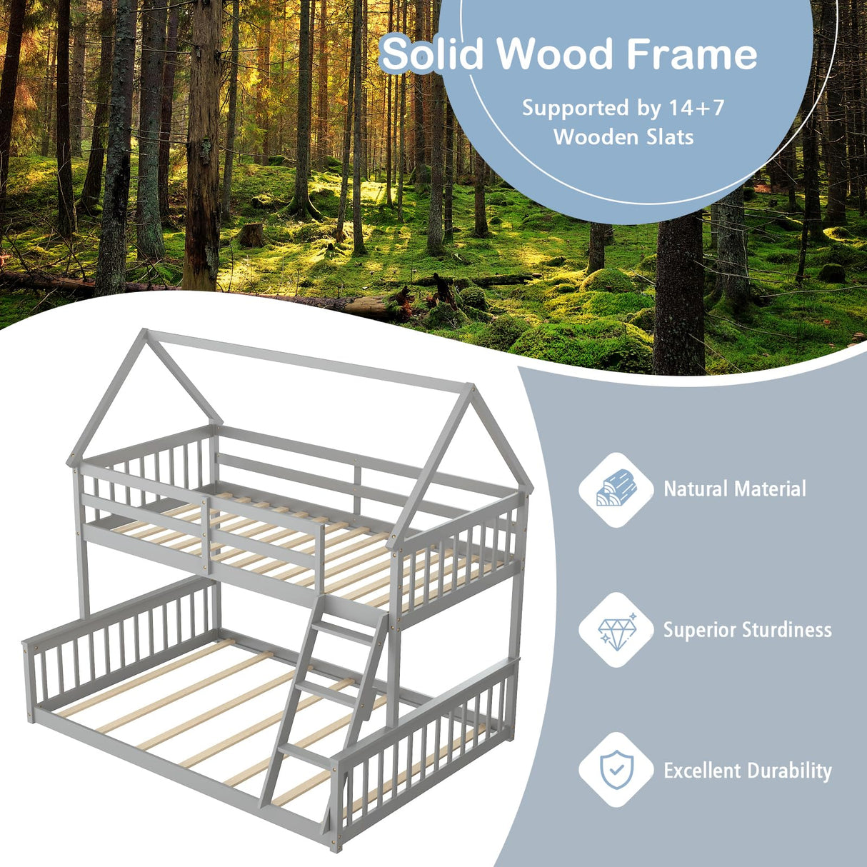 Giantex Wood Twin Over Full Bunk Bed, Solid Wood House Bed Frame Built in Ladder & Safety Guardrails, Convertible to 2 Beds, Floor Bunk Bed for Kids Teens Juniors, No Box Spring Needed, Grey Giantex