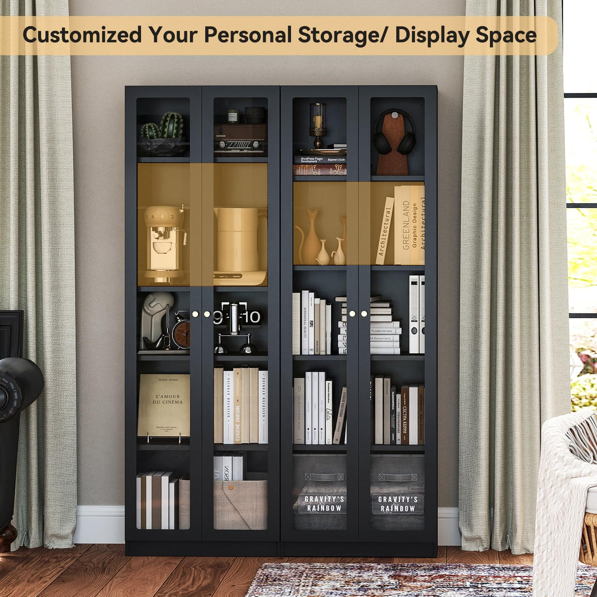 IRONMIX Black Bookshelf with Doors and Adjustable Shelves, 5-Tier Tall Bookcase, 70.87" Modern Display Cabinet, Metal Book Shelf with Storage Cabinet for Home Office Living Room IRONMIX