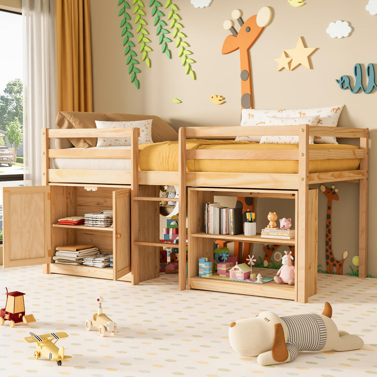 TOLEAD Low Loft Bed Twin Size with LED Lights, Twin Bed Frames for Kids, Kids Loft Bed with 14" H Safety Guardrail, Wood Twin Loft Bed with Storage Cabinet and Under-Bed Play Space (Natural) TOLEAD