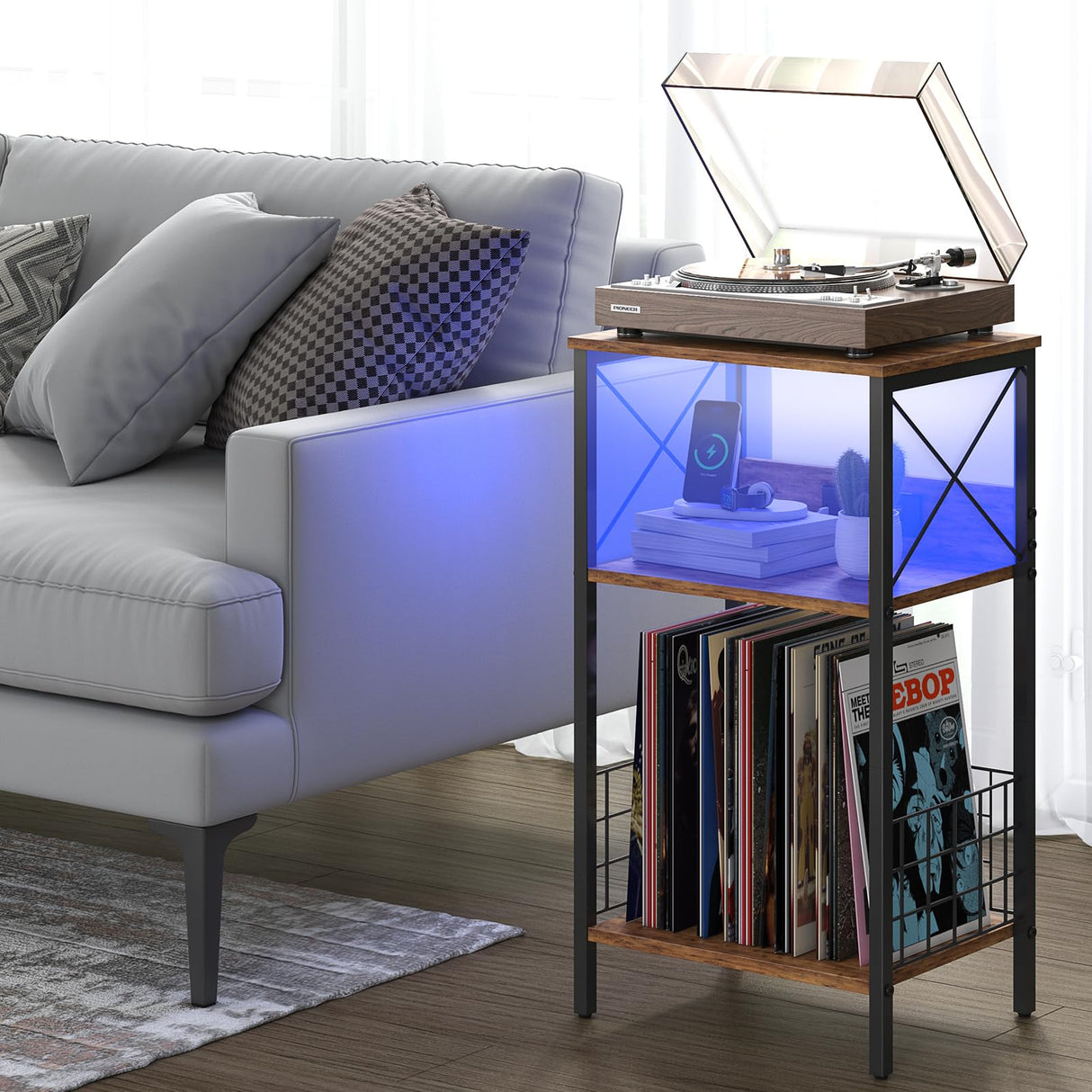 3 Tiers End Table with Charging Station, LED Side Table Turntable Stands for Vinyl Storage, Records Shelf for Albums, Vinyl Shelf Record Player Table for Living Room, Bedroom Rustic Brown WoodArtSupply