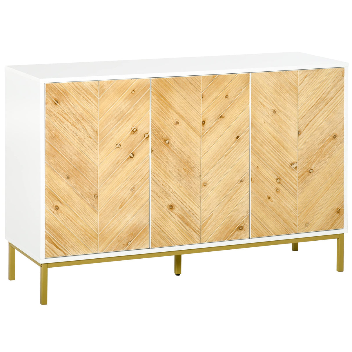 HOMCOM 3 Door Sideboard Buffet Cabinet, Kitchen Cabinet, Coffee Bar Cabinet with Chevron Pattern, Adjustable Shelf and Metal Legs, Natural Wood HOMCOM