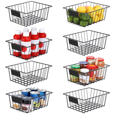8 Pack Wire Storage Baskets for Organizing with Removable Tags, Pantry Organization Bins for Kitchen Cabinets, Closet - Metal Basket for Laundry, Garage, Refridge, Bathroom Countertop Organizer, Black