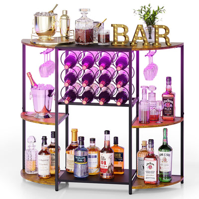 JKsmart Wine Bar Cabinet with LED Lights, Mini Wine Rack with Storage and Glass Holder, Home Mini Bar Cabinet for Liquor, 3-Tier Coffee Bar Storage for Kitchen, Dining Room, Living Room, Rustic Brown