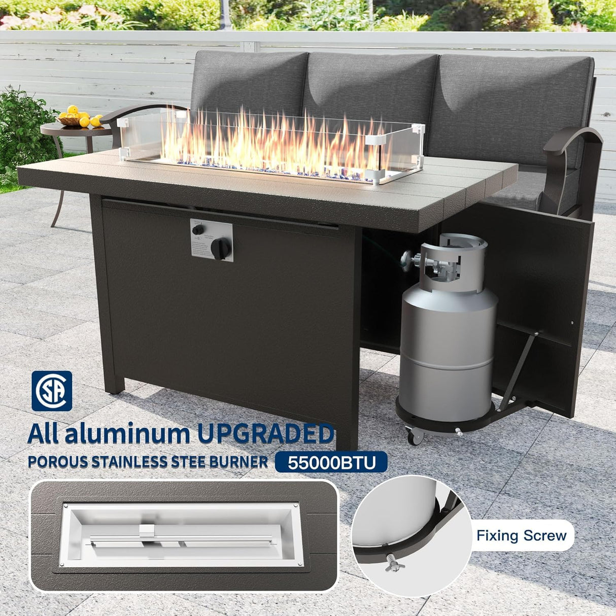 Kullavik Aluminum Patio Furniture Set with Propane Fire Pit Table 5-seat Metal Outdoor Furniture w/Fire Pit Patio Sectional Sofas w/5.1" Cushions for Patio, Backyard, Poolside-Grey Kullavik