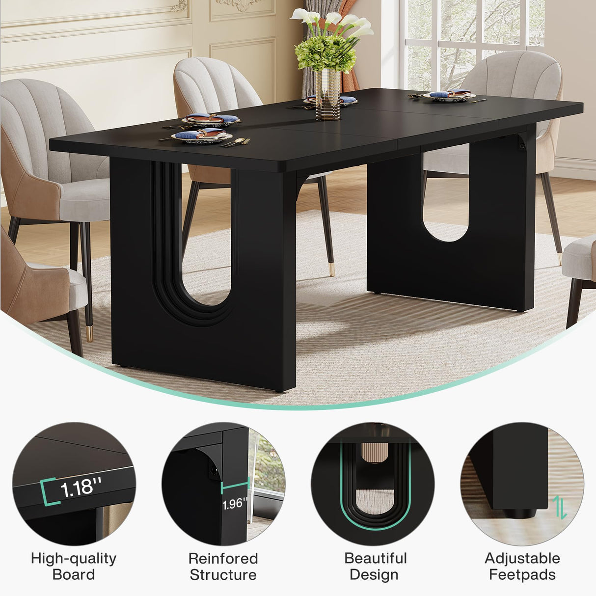 Tribesigns Modern Dining Table for 6 to 8 People, 71" Large Kitchen Dining Table with Wood Pedestal Base, Rectangular Long Dinner Table for Kitchen, Dining Room, Living Room, Black Tribesigns