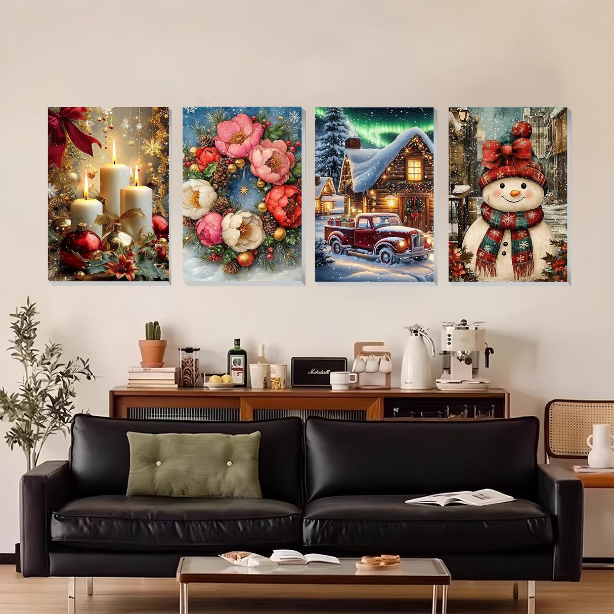 XTCIXAL 4 Pack Paint by Numbers Kit for Adults with Framed and Easel, Christmas Paint by Number Kits, Candles Snowman Truck Wreath Acrylic Oil Painting for Home Wall Decor (8x12 Inch) XTCIXAL