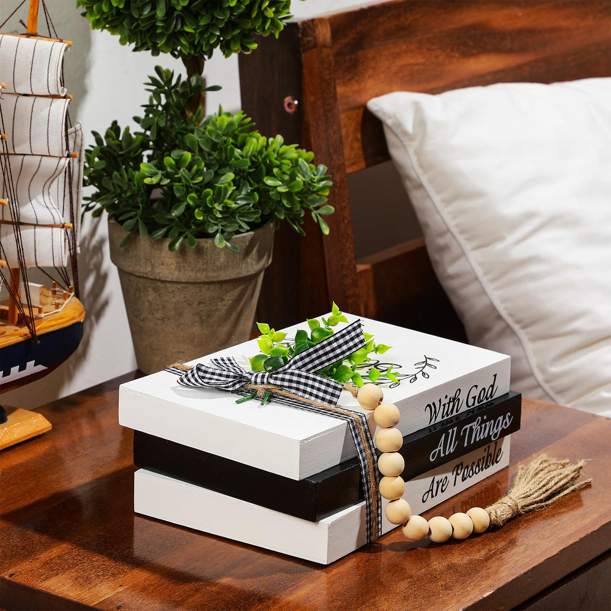 Capoda 3 Pcs Decorative Books for Home Decor Farmhouse Faux Stacked Books Wooden Rustic Decorative Books with Bead Garland Twine Ribbon Faux Leaf for Table(Blessed) Capoda