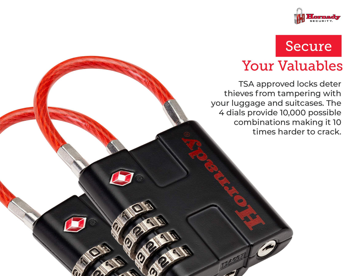 Hornady TSA Approved Cable PadLocks 2pk, 96022 - All Metal 4 Digit Combination Locks with a Flexible Wire Shackle, Inspection Indicator, & Easy to Read Dials -TSA Locks for Luggage, Backpack, Gun Case Hornady