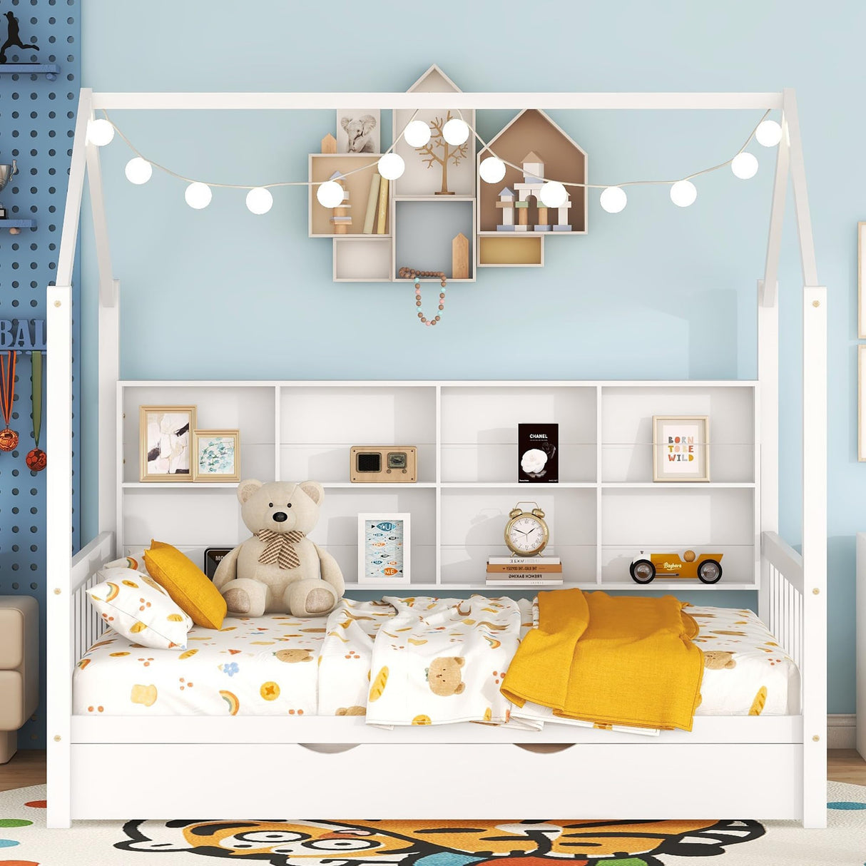 Harper & Bright Designs Full Size House Bed with Trundle, Wood Full House Bed Frame with Shelf Compartment, Full House Bed for Kids with Roof for Girls, Boys,No Box Spring Needed, White Harper & Bright Designs
