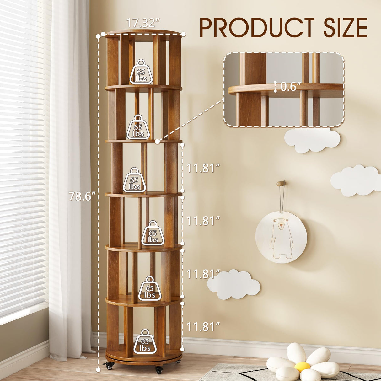 6 Tier Rotating Bookshelf Tower Spinning Bookshelf with Swivel Wheels Book Shelf Rotating Storage Tower for Kids Adult Narrow Walnut Solid Wood Revolving Bookcase Organizer for Bedroom Living Room IUNVR