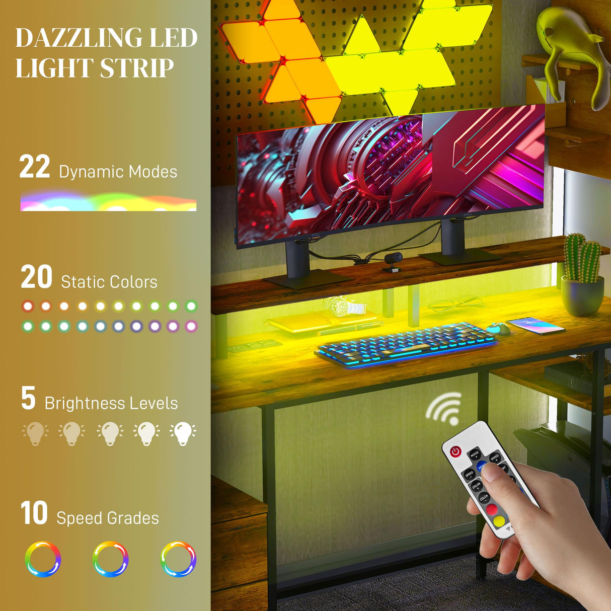 HOMCOM 61" Computer Desk with LED Lights, Power Outlets, and USB Ports, Gaming Desk with Storage Shelves, Monitor Stand, Fabric Drawers & Remote for Home Office Study, Rustic Brown HOMCOM