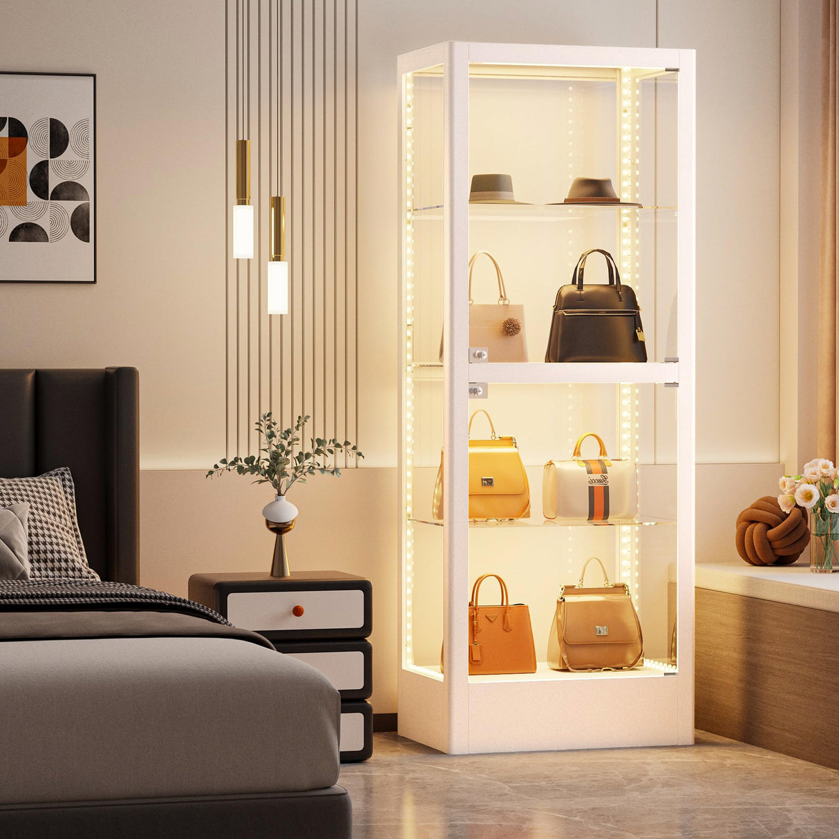 Desirable Life Glass Display Cabinet with 13-Color Light, 63" 4-Tier Curio Cabinet with 2 Glass Doors & Lock, Lighted Display Case with Adjustable Shelves for Collectibles Figures Trophy (White) Desirable Life