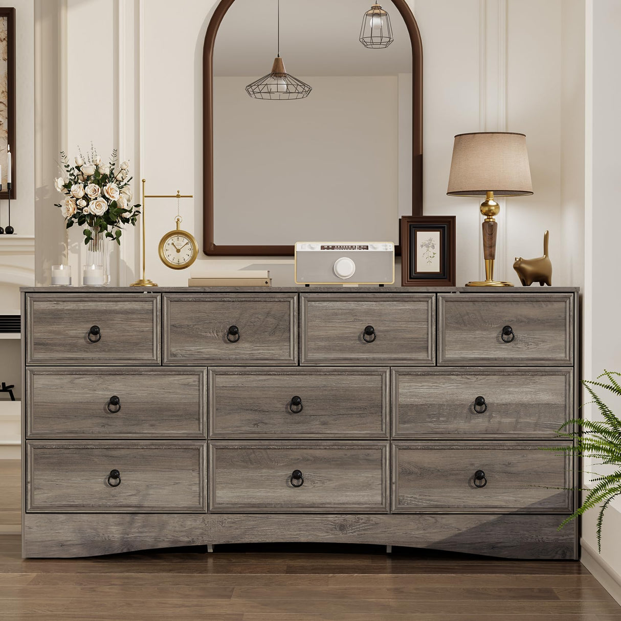 VVFLU Farmhouse 10 Drawer Dresser for Bedroom – 63'' Long Dresser Wood Chest of Drawers,TV Stand for 75 inch TV, Storage Organizer Furniture, Hallway, Entryway, Closet, Brownish Grey VVFLU