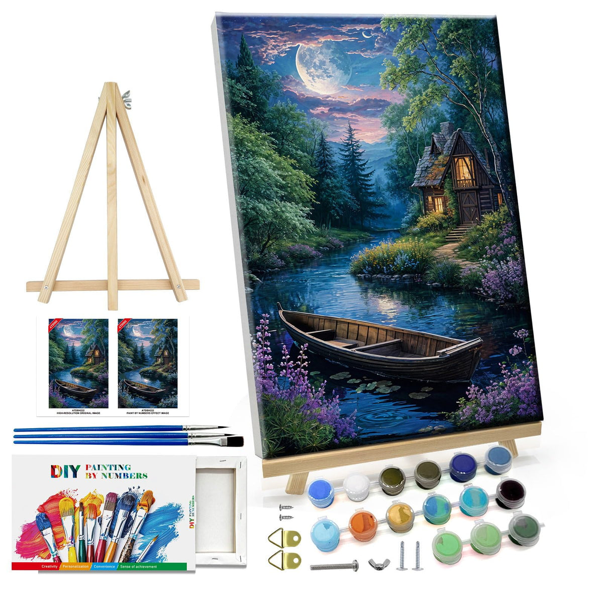 ATDMS Landscape Paint by Numbers Kit for Adult with Easel DIY Cabin Paint by Number with Frame Lake House Digital Oil Painting Kits for Wall Hanging Home Room Decor 7.87x11.81 Inch ATDMS