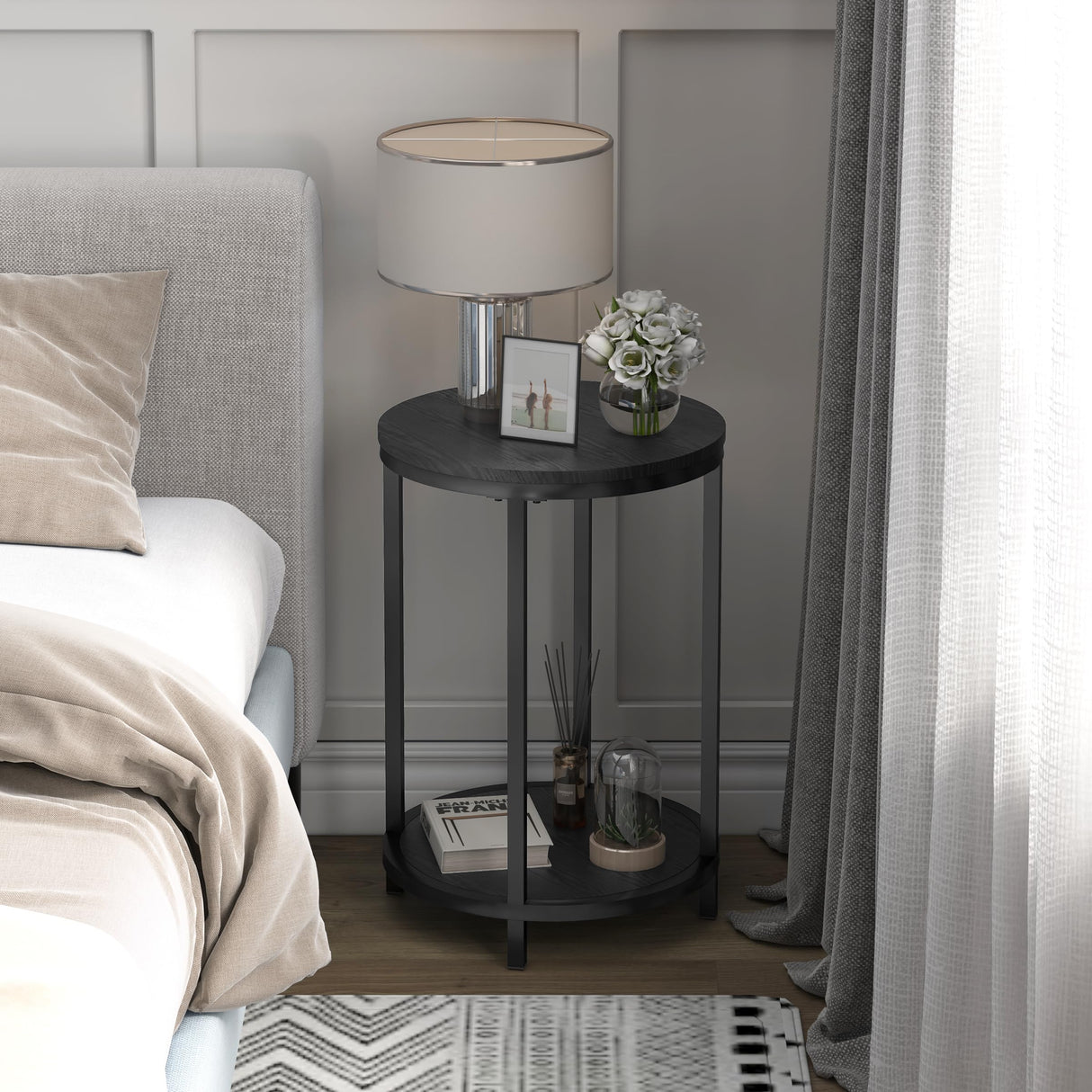 Round Side Table Set of 2,16in Rustic Wooden End Table Surface Top & Sturdy Metal Legs Nightstand for Living Room Bedroom Farmhouse Sofa Table with NSdirect