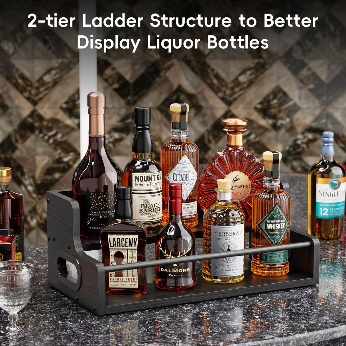KLM Liquor Bottle Display Shelf, Coffee Syrup Rack Organizer, 2 Step Countertop Liquor Wine Rack, Mini bar,Liquor Cabinet, Home Retro Bar Shelf Stand for Liquor Whiskey, Spirits, (Black) KLM