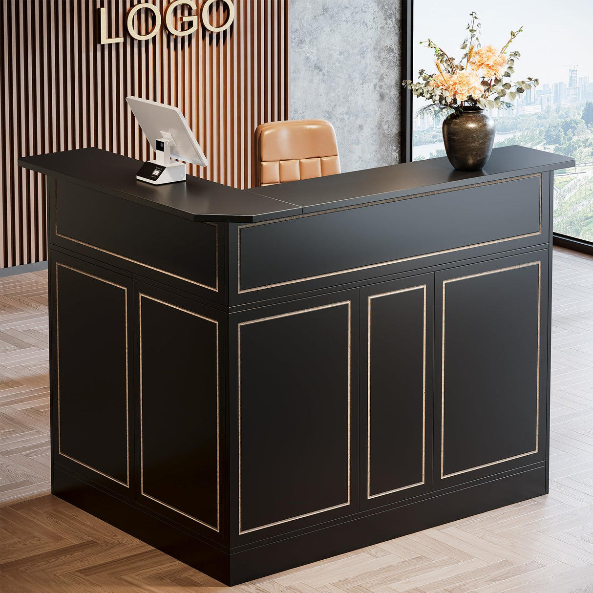 Tribesigns Reception Desk with Storage Shelves, L-Shaped Modern Front Desk, Reception Counter Table for Small Office, Salon, Checkout Office, Black Tribesigns