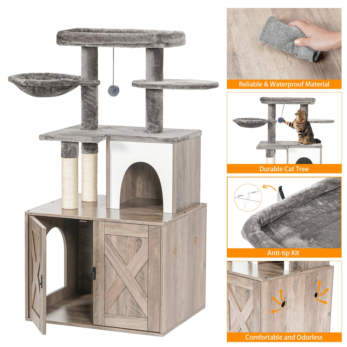 Snughome Cat Litter Box Enclosure with Cat Tree Tower and Condo, Hidden Cat Washroom Furniture with Sisal Scratching Post and Soft Plush Perch, Wooden Cat Furniture with Multiple Platforms, Grey Snughome