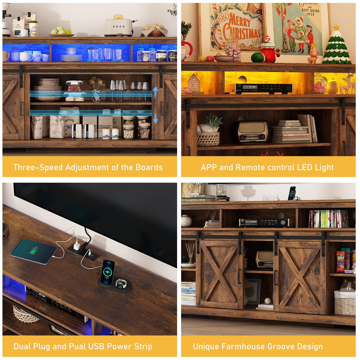 70" LED Farmhouse TV Stand for 80/75/70 Inch TVs,Tall Entertainment Center Storage Cabinets w/Power Outlets and Sliding Barn Door,Rustic TV Stands for Living Room,Media Console Cabinet (Brown) Hlivelood